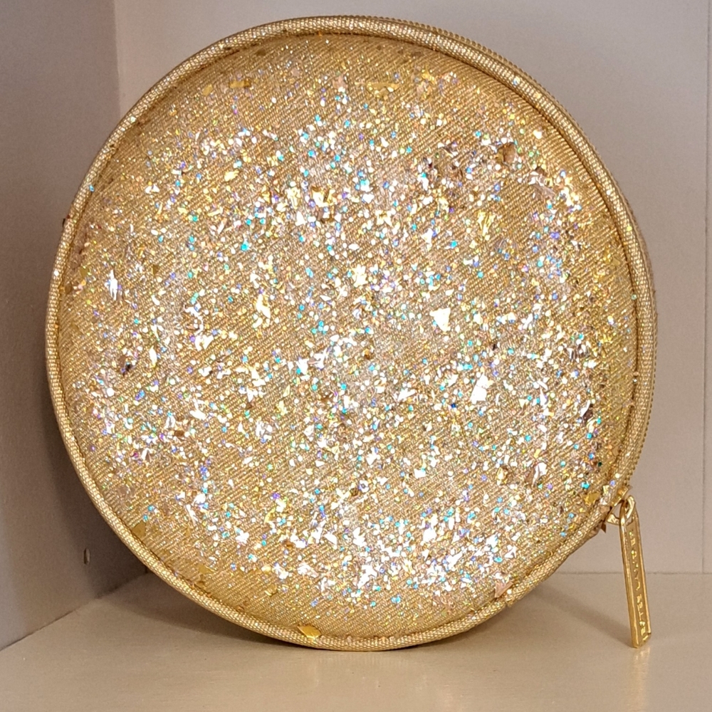 Custom gold metallic glitter sparkly Estee Lauder pillbox makeup bag pouch